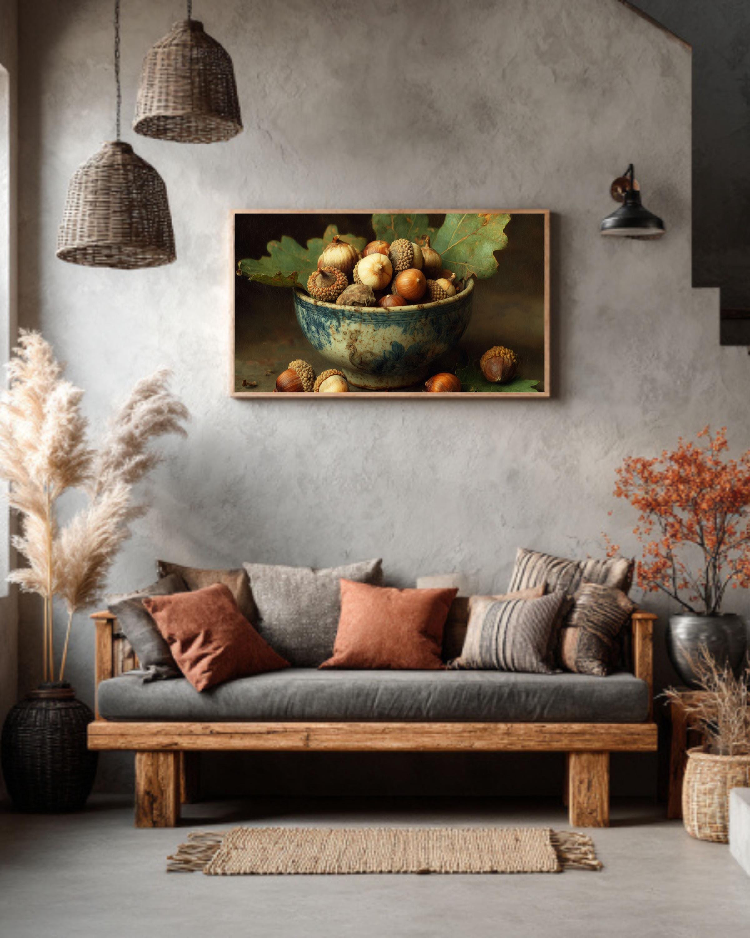 Acorn Bowl on Oak Leaf Wall Art  Rustic Autumn Nature Still Life, Warm Woodland Decor, Poster/Canvas/Framed Print