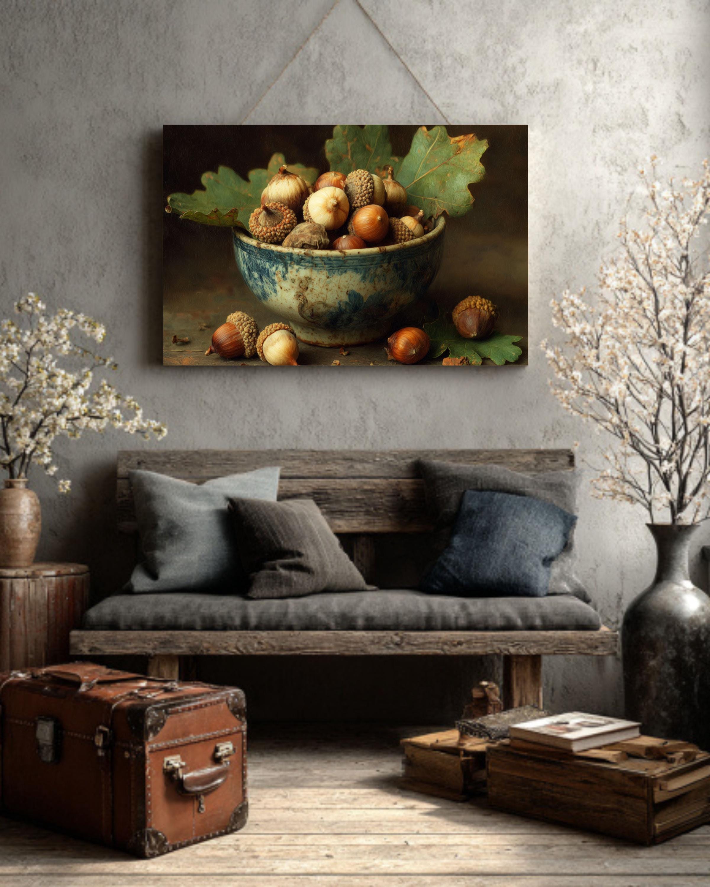 Acorn Bowl on Oak Leaf Wall Art  Rustic Autumn Nature Still Life, Warm Woodland Decor, Poster/Canvas/Framed Print
