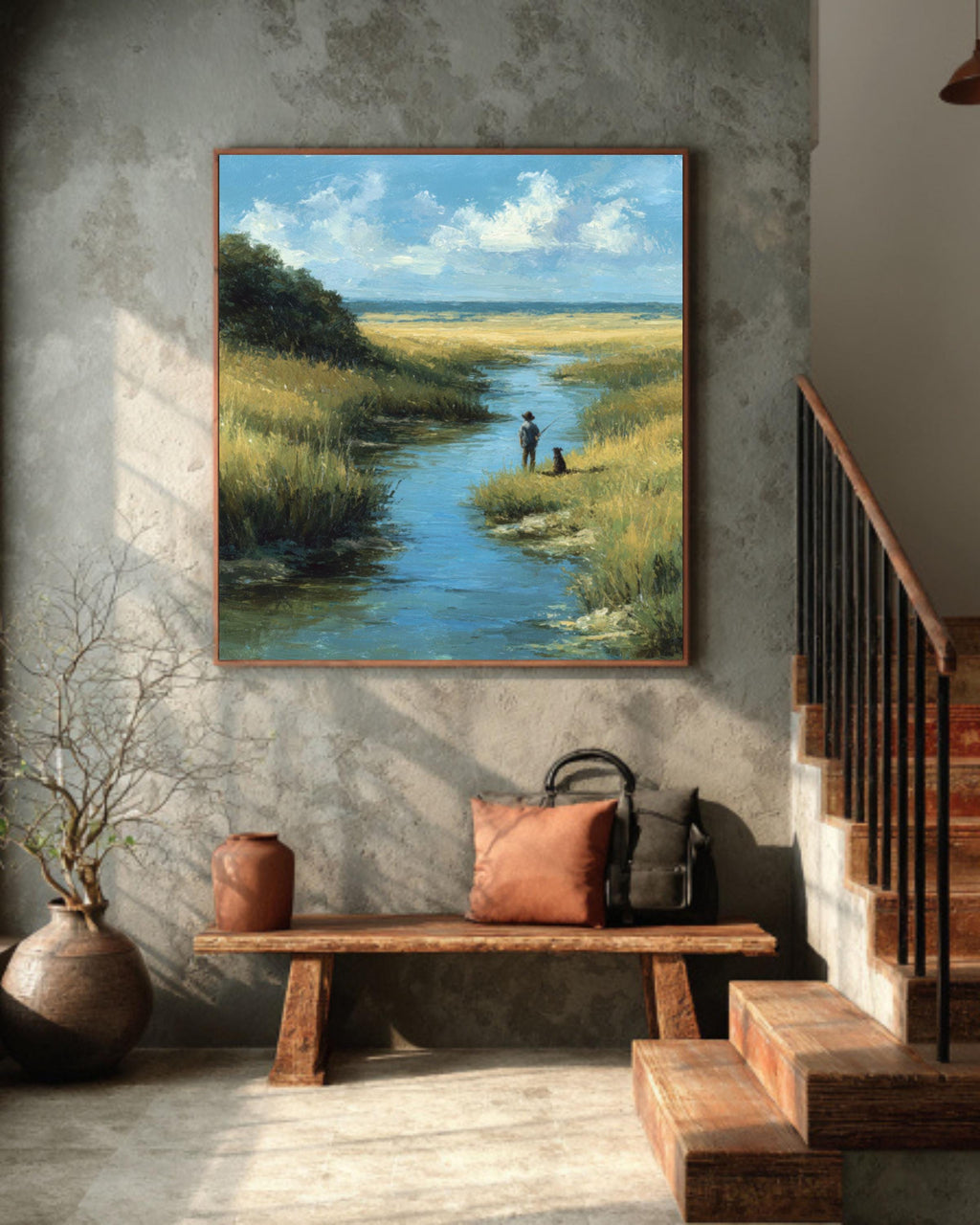 Rustic Boy and Dog by the River Wall Art  Soft Pastel Meadow Scene, Cozy Nature Canvas/Framed Canvas