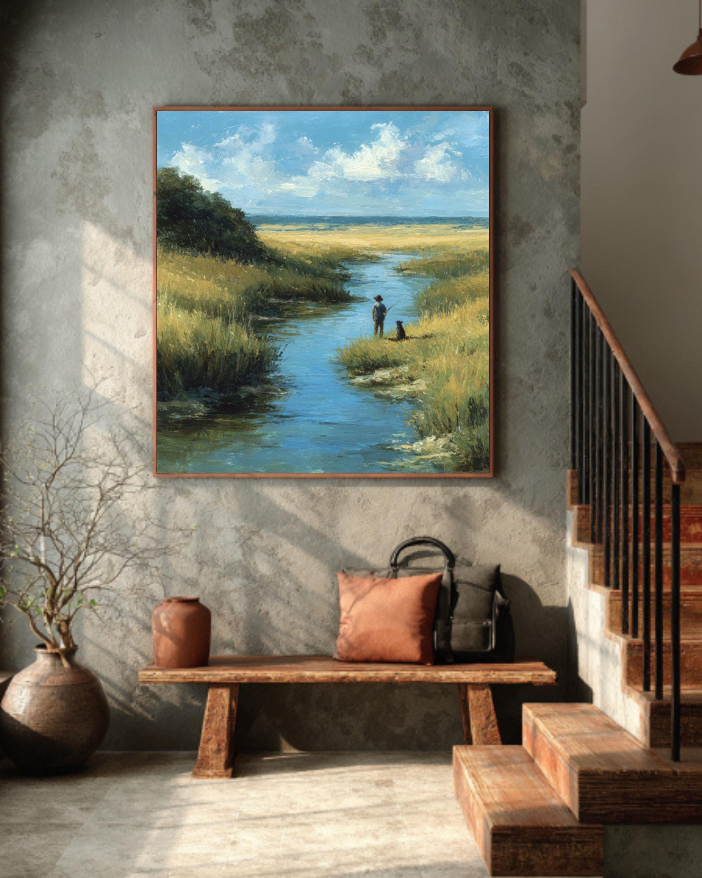 Rustic Boy and Dog by the River Wall Art  Soft Pastel Meadow Scene, Cozy Nature Canvas/Framed Canvas
