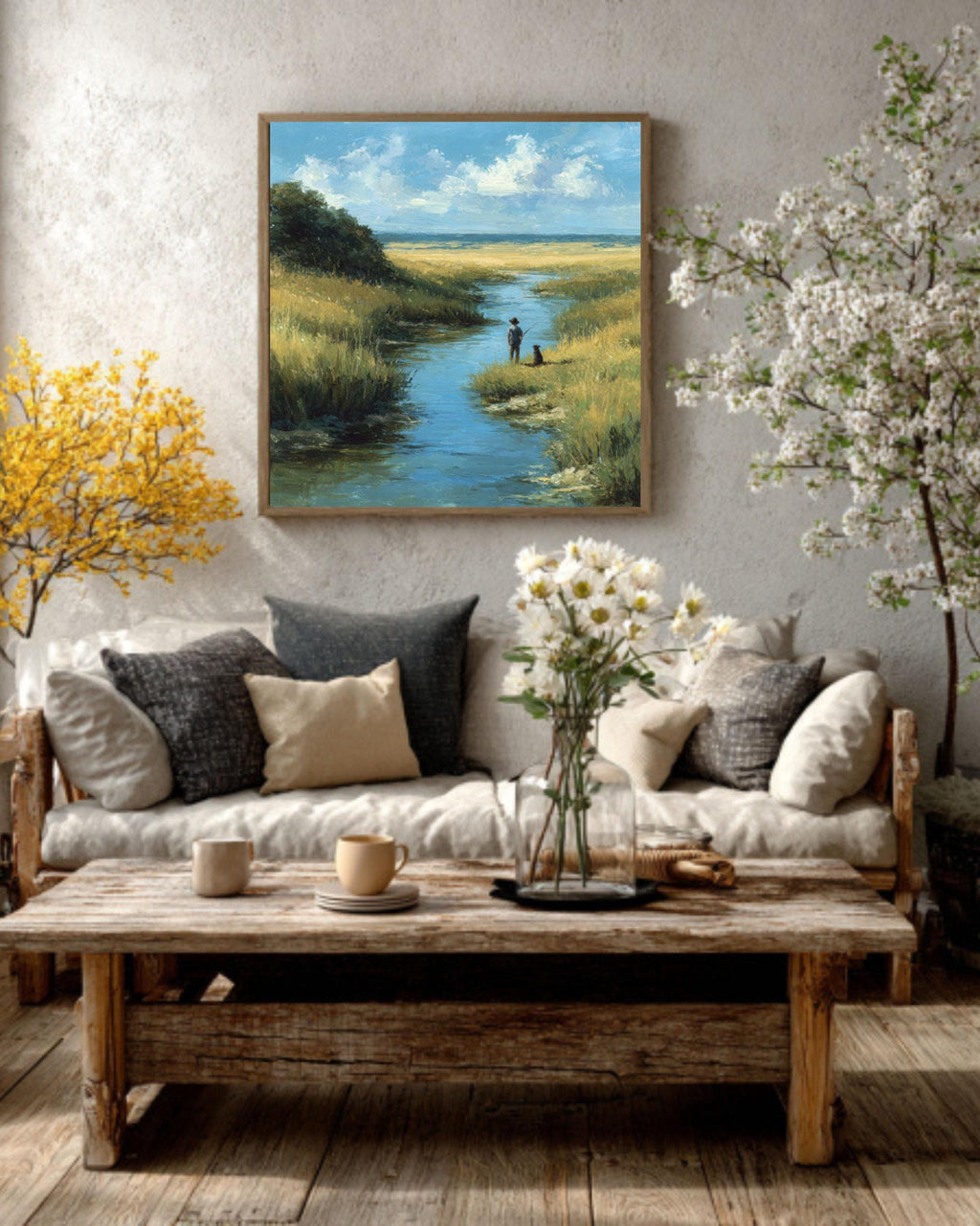 Rustic Boy and Dog by the River Wall Art  Soft Pastel Meadow Scene, Cozy Nature Canvas/Framed Canvas