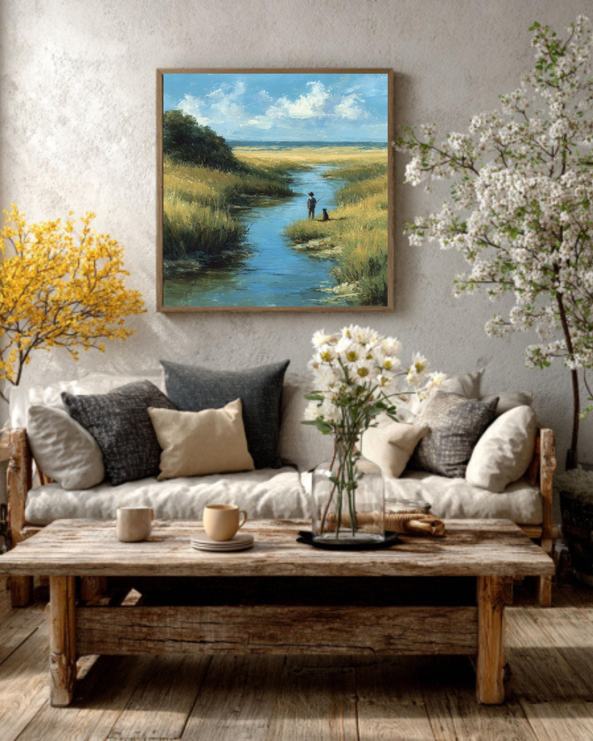 Rustic Boy and Dog by the River Wall Art  Soft Pastel Meadow Scene, Cozy Nature Canvas/Framed Canvas