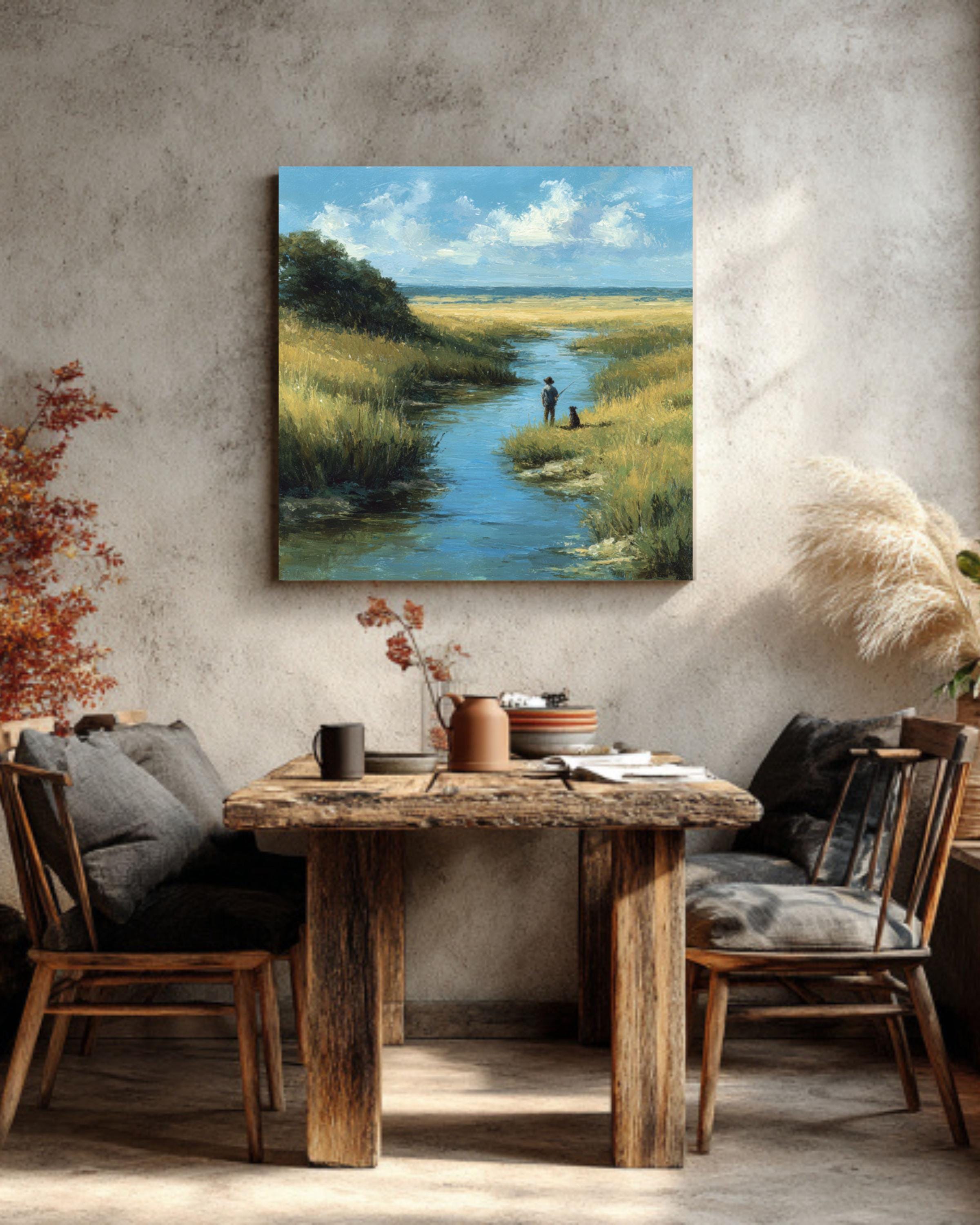 Rustic Boy and Dog by the River Wall Art  Soft Pastel Meadow Scene, Cozy Nature Canvas/Framed Canvas