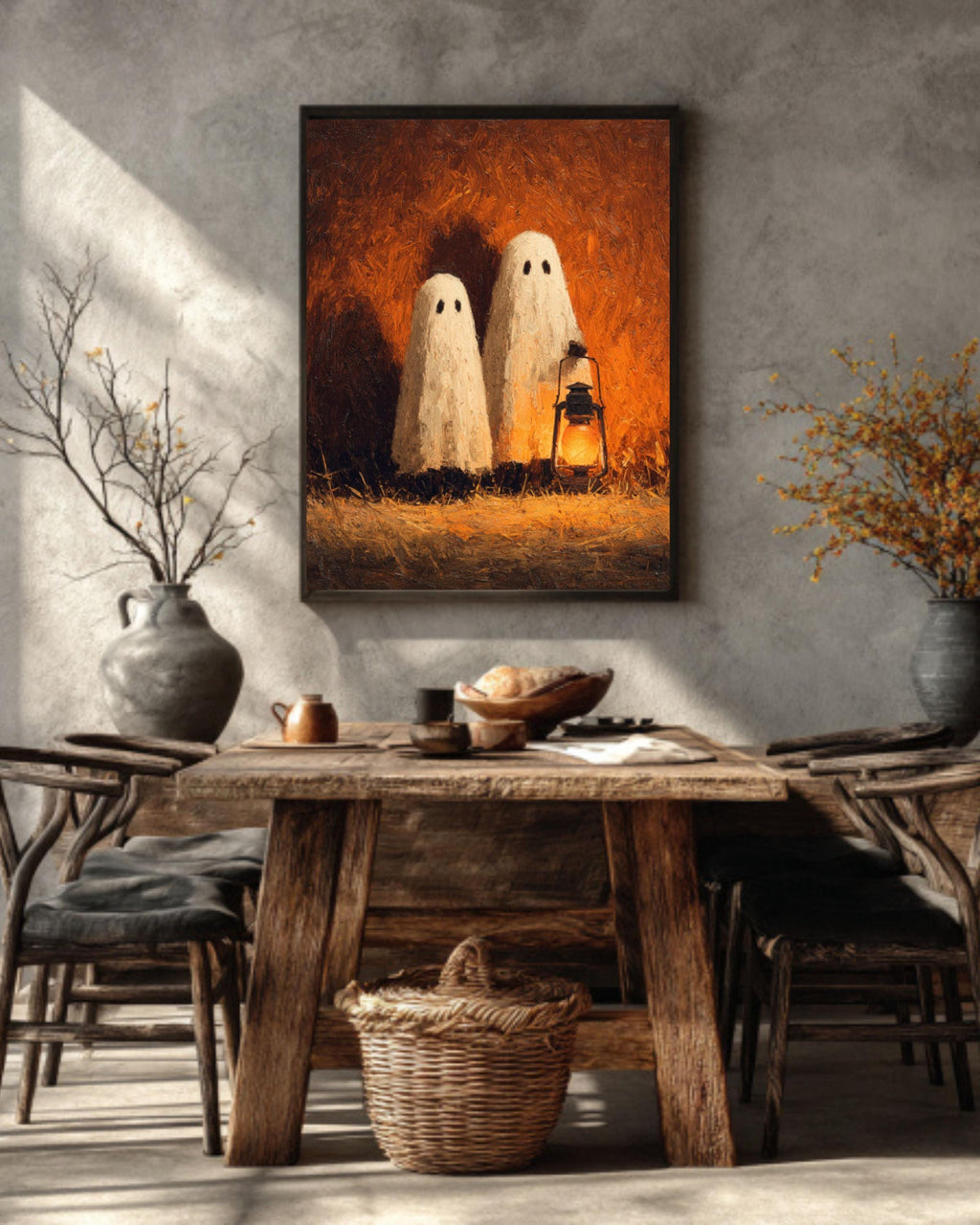 Lantern Ghosts Pumpkin Art  Warm Autumn Glow, Rustic Hayfield Halloween Scene, Poster/Canvas/Framed Canvas
