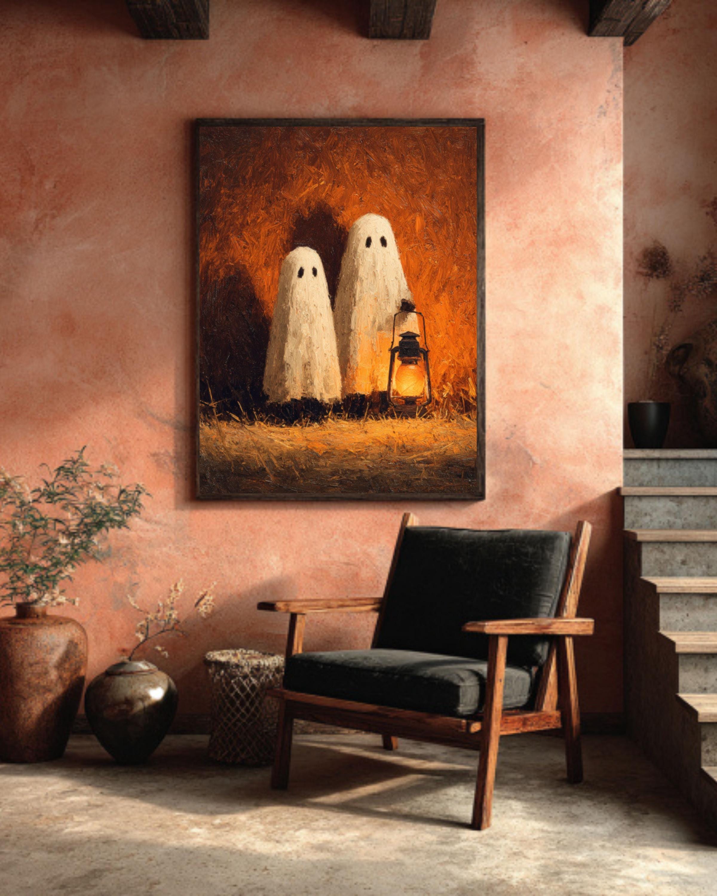 Lantern Ghosts Pumpkin Art  Warm Autumn Glow, Rustic Hayfield Halloween Scene, Poster/Canvas/Framed Canvas