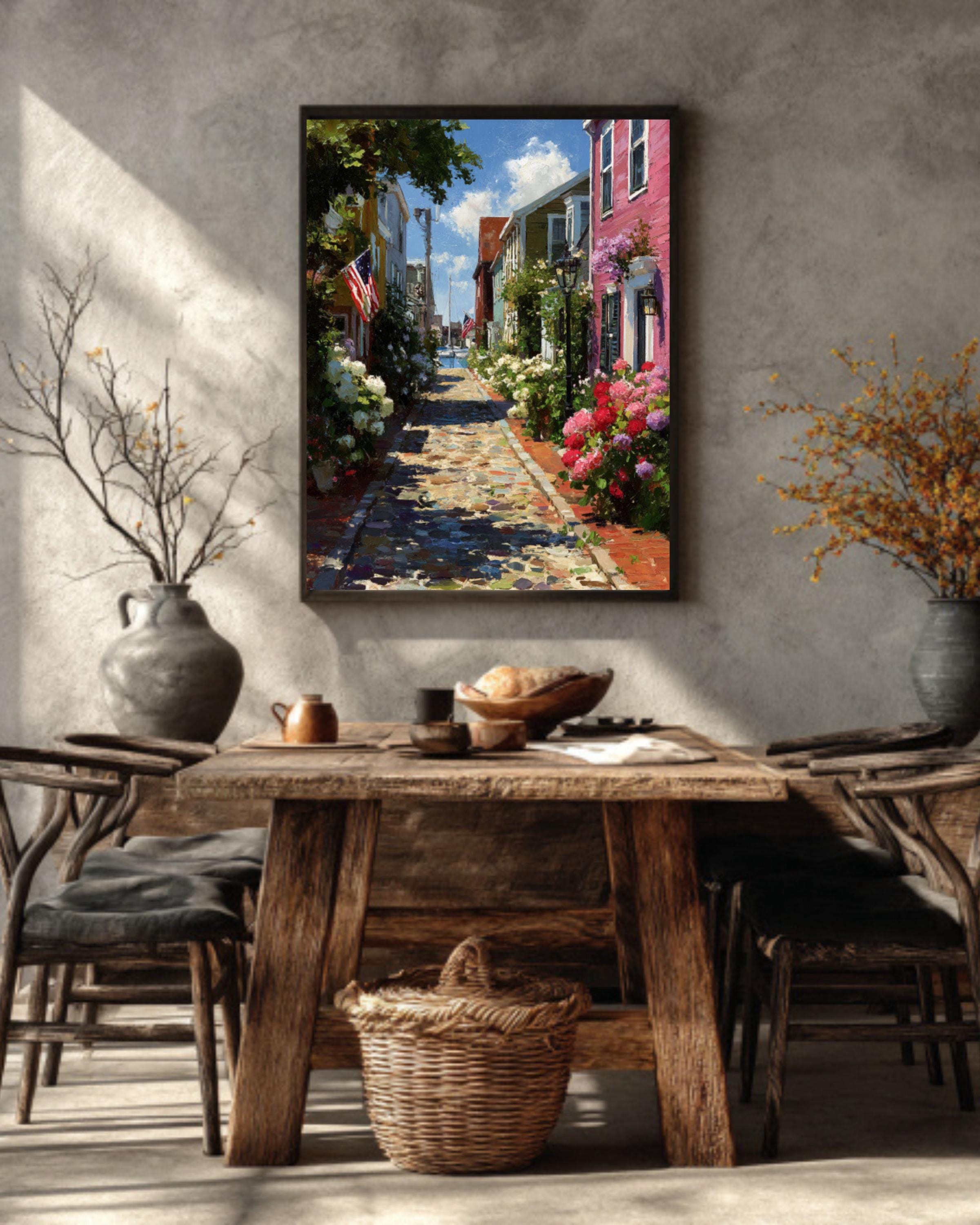 Charming Nantucket Main Street Print  Rustic Island Town with Flowers & Flags, Coastal Cottage Wall Art