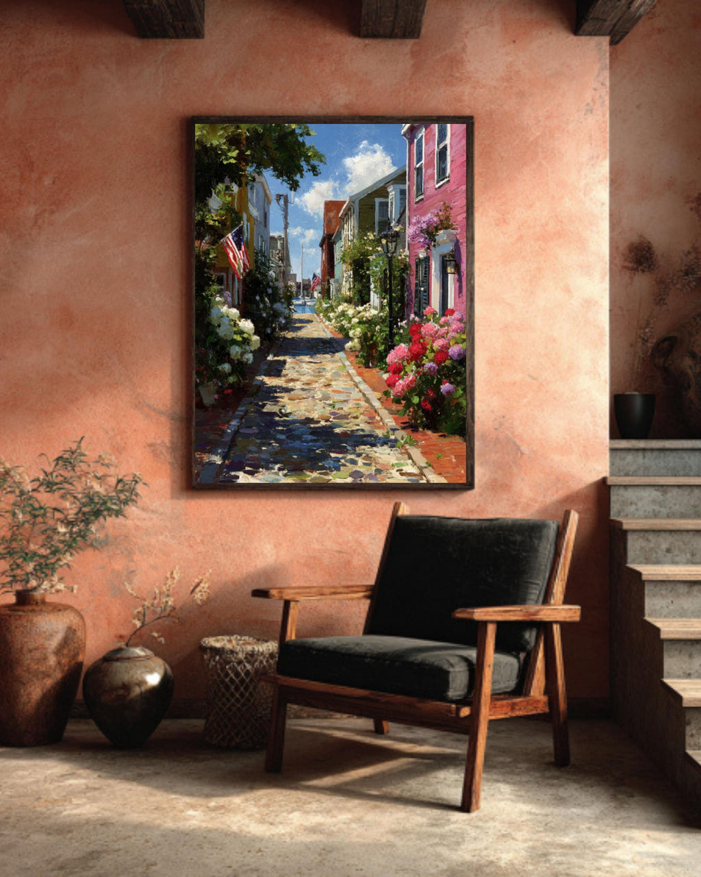 Charming Nantucket Main Street Print  Rustic Island Town with Flowers & Flags, Coastal Cottage Wall Art