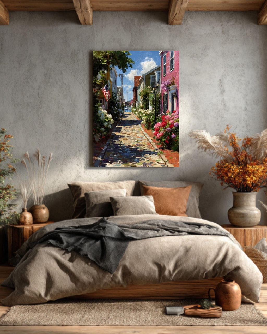 Charming Nantucket Main Street Print  Rustic Island Town with Flowers & Flags, Coastal Cottage Wall Art