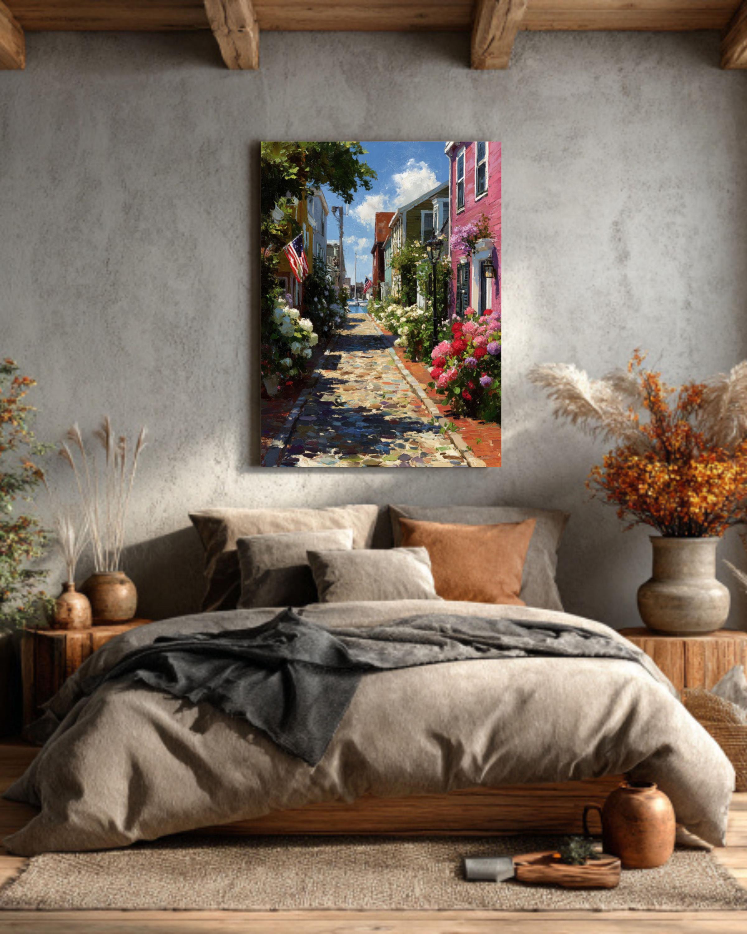 Charming Nantucket Main Street Print  Rustic Island Town with Flowers & Flags, Coastal Cottage Wall Art