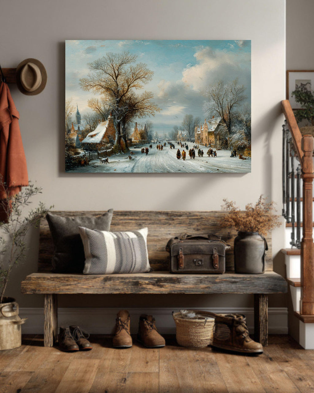 Snowy Tree Lined Road Painting  Winter Wanderers Landscape, Rustic Cabin Style Decor, Canvas/Framed/Poster