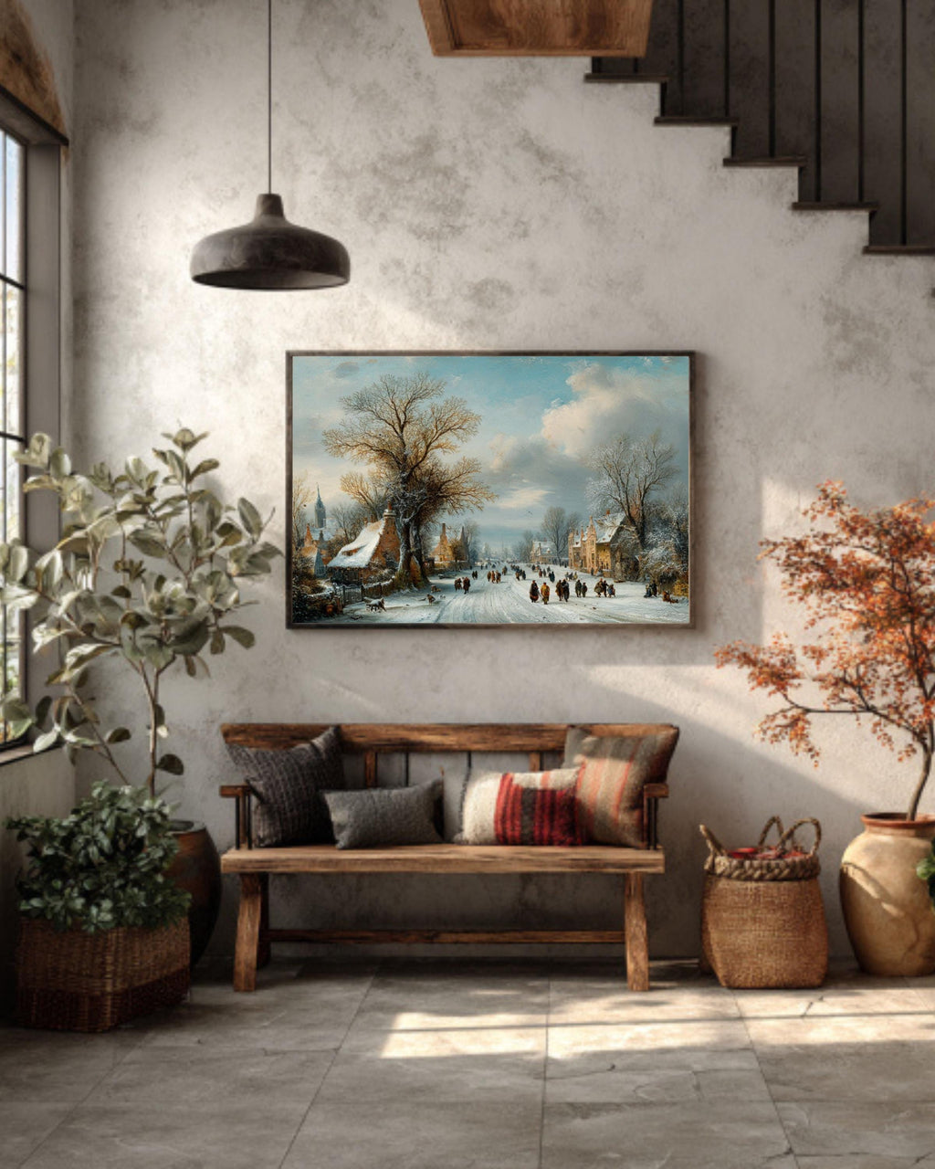 Snowy Tree Lined Road Painting  Winter Wanderers Landscape, Rustic Cabin Style Decor, Canvas/Framed/Poster