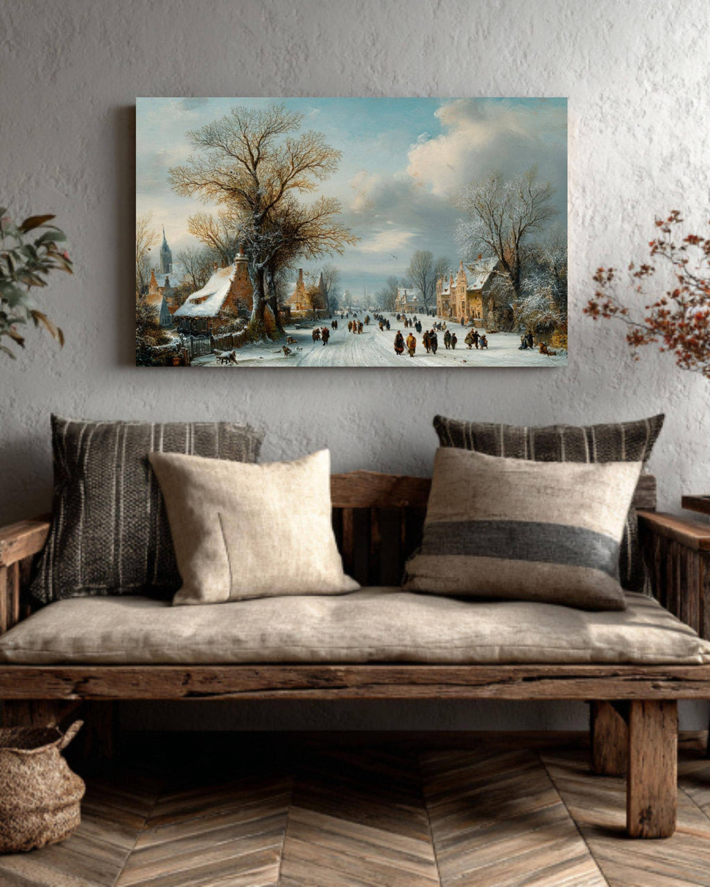 Snowy Tree Lined Road Painting  Winter Wanderers Landscape, Rustic Cabin Style Decor, Canvas/Framed/Poster