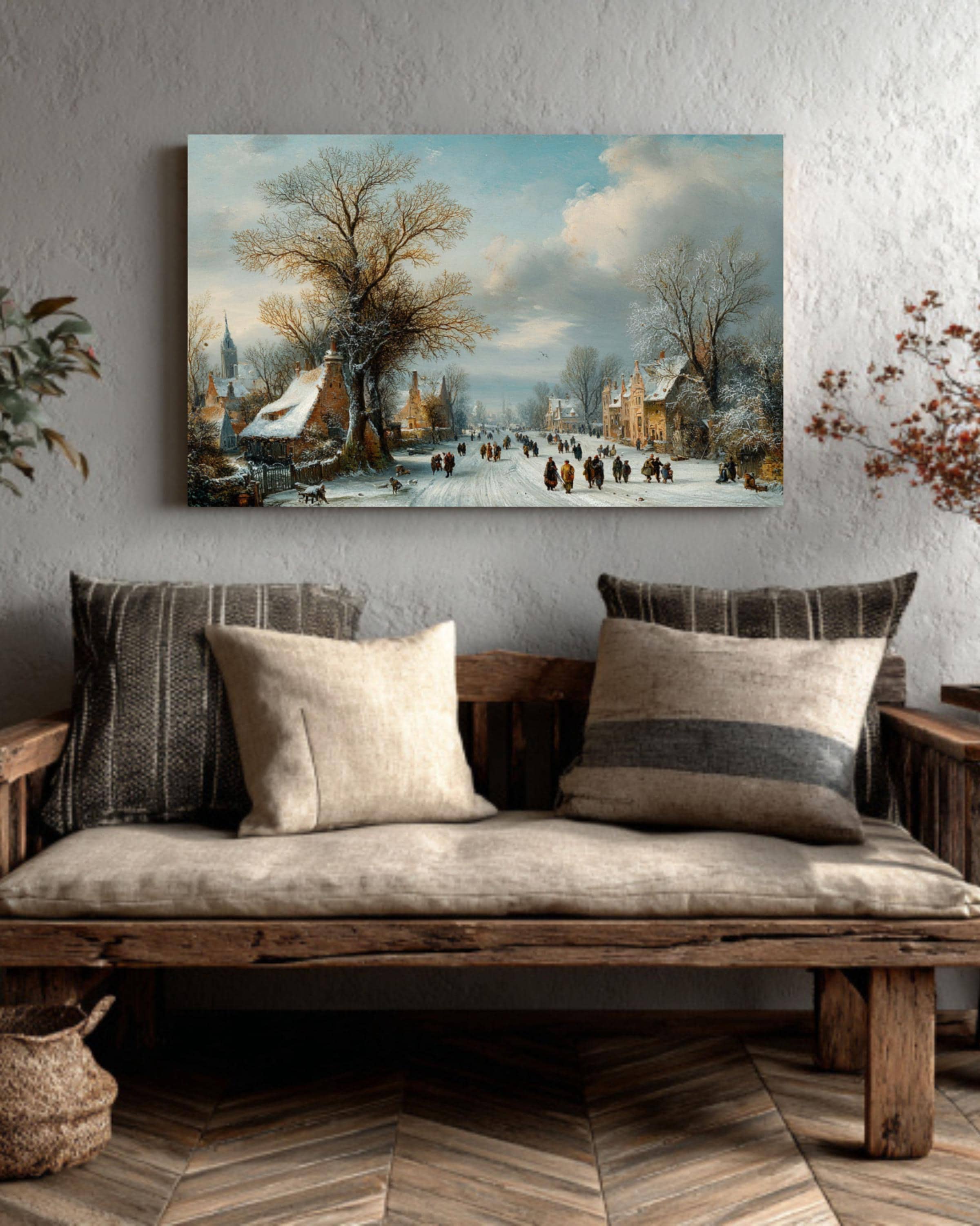 Snowy Tree Lined Road Painting  Winter Wanderers Landscape, Rustic Cabin Style Decor, Canvas/Framed/Poster
