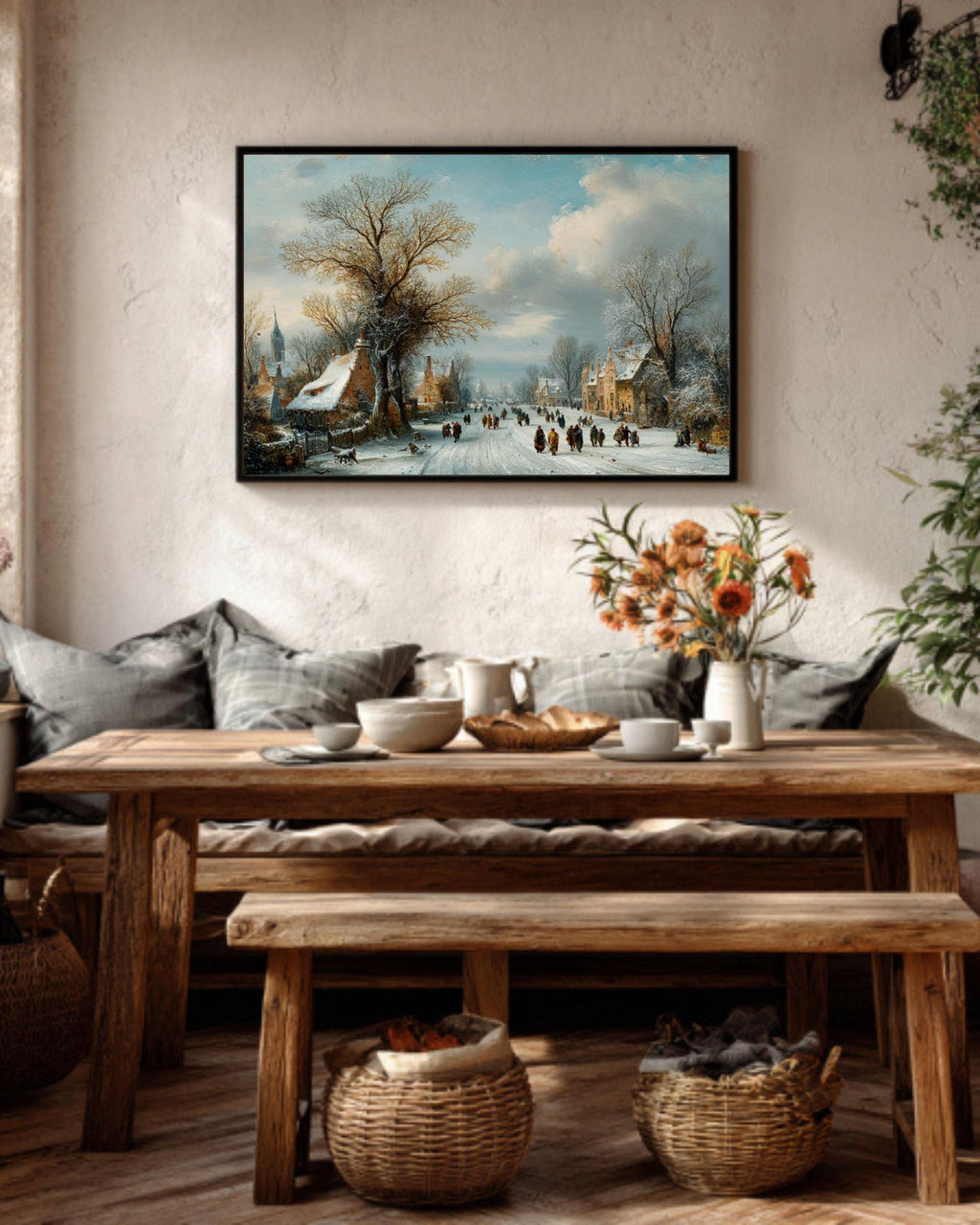 Snowy Tree Lined Road Painting  Winter Wanderers Landscape, Rustic Cabin Style Decor, Canvas/Framed/Poster