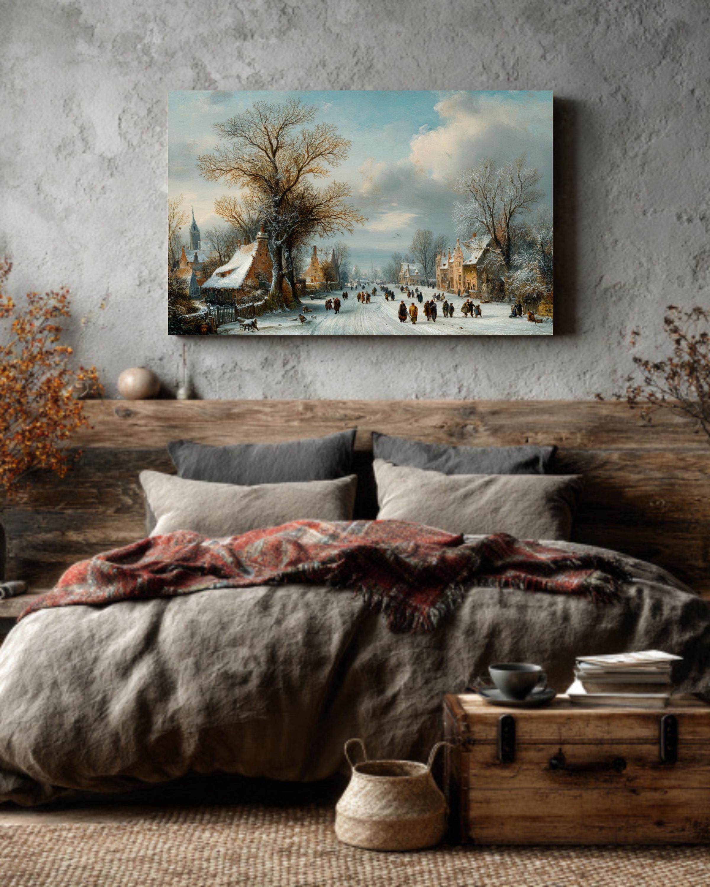 Snowy Tree Lined Road Painting  Winter Wanderers Landscape, Rustic Cabin Style Decor, Canvas/Framed/Poster