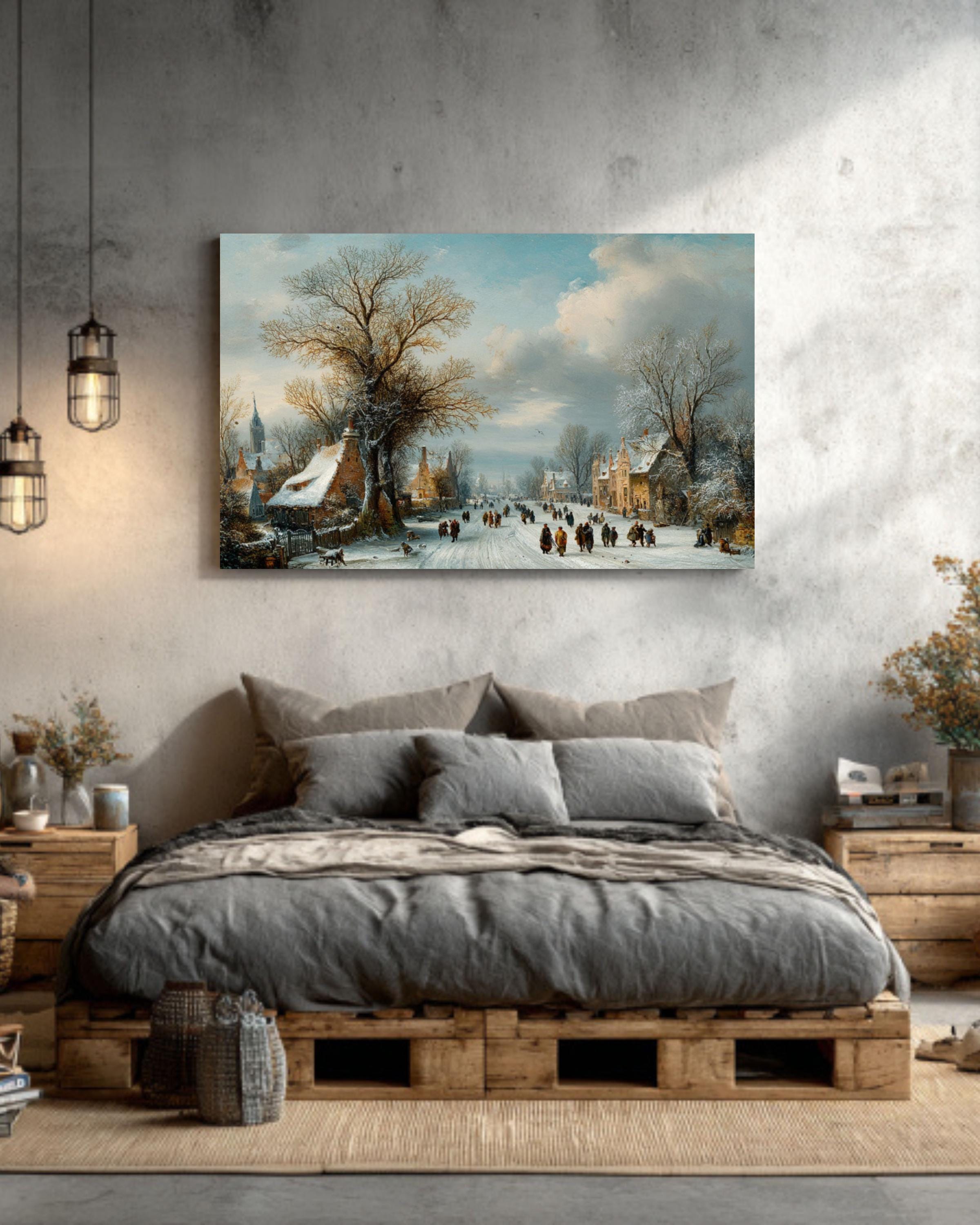 Snowy Tree Lined Road Painting  Winter Wanderers Landscape, Rustic Cabin Style Decor, Canvas/Framed/Poster