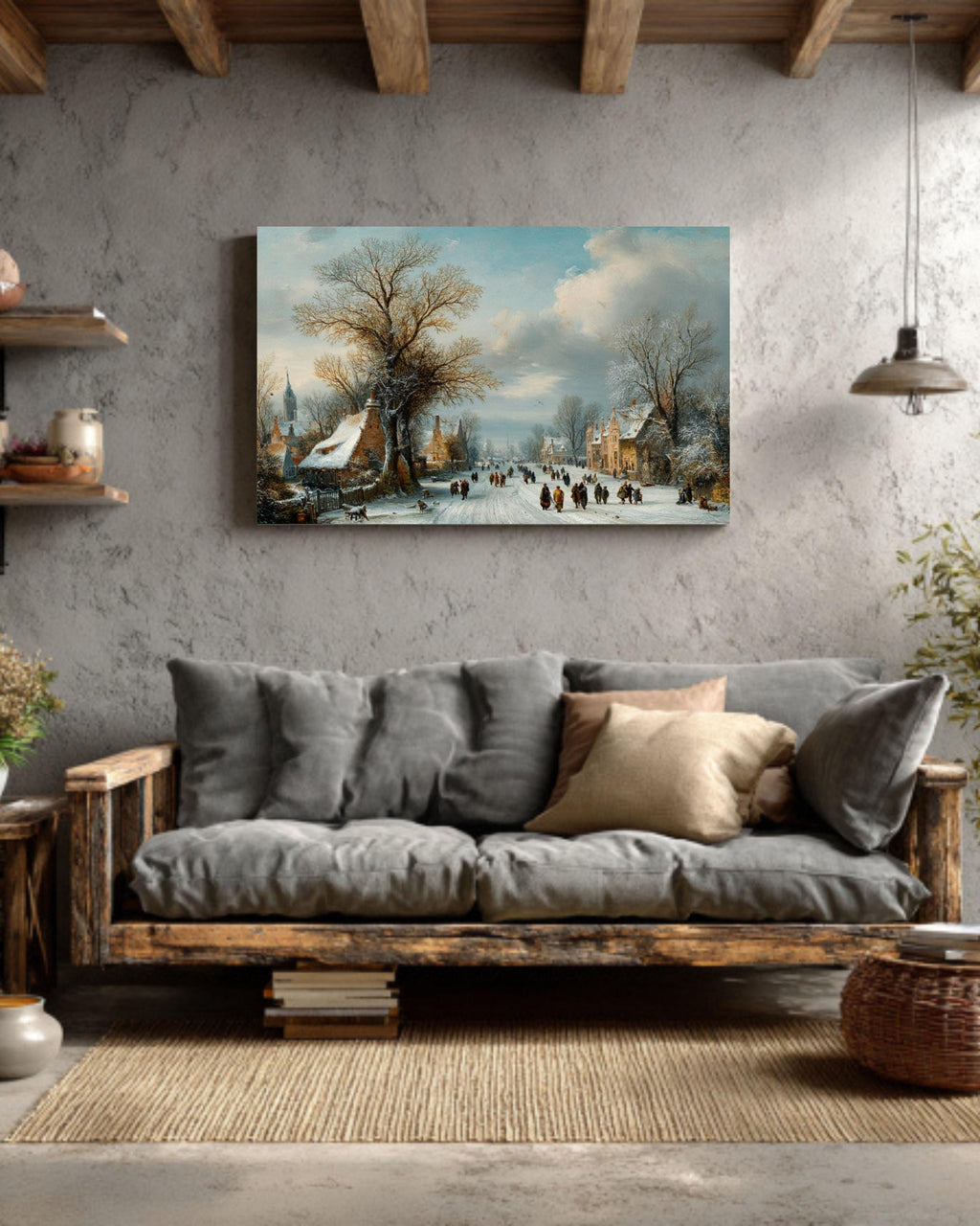 Snowy Tree Lined Road Painting  Winter Wanderers Landscape, Rustic Cabin Style Decor, Canvas/Framed/Poster
