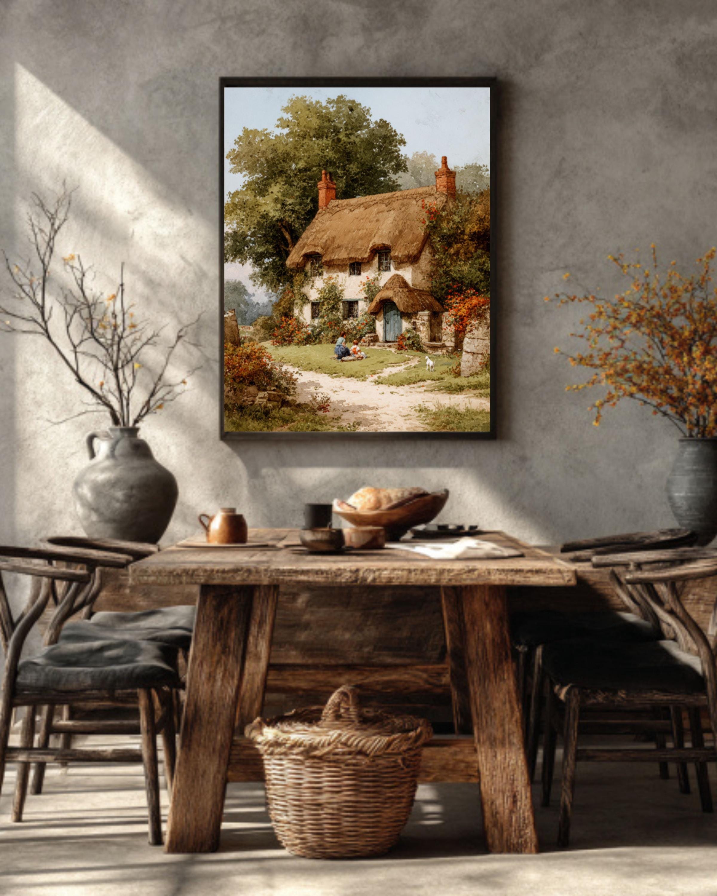 Watercolor English Cottage Scene  Thatched Home, Children & Dog, Flower Garden Path, Rustic Pastoral Canvas/Poster/Framed