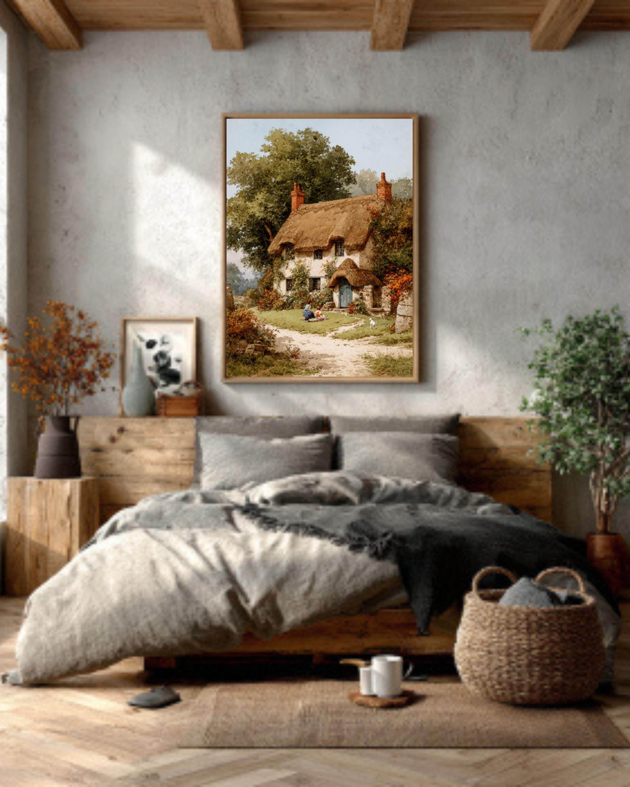 Watercolor English Cottage Scene  Thatched Home, Children & Dog, Flower Garden Path, Rustic Pastoral Canvas/Poster/Framed