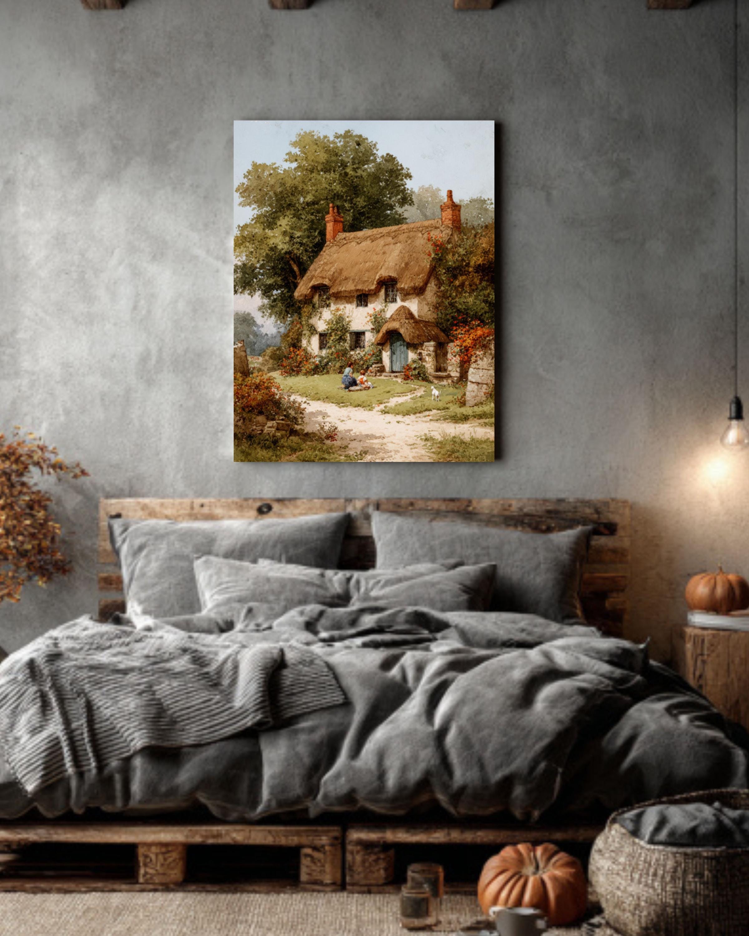 Watercolor English Cottage Scene  Thatched Home, Children & Dog, Flower Garden Path, Rustic Pastoral Canvas/Poster/Framed