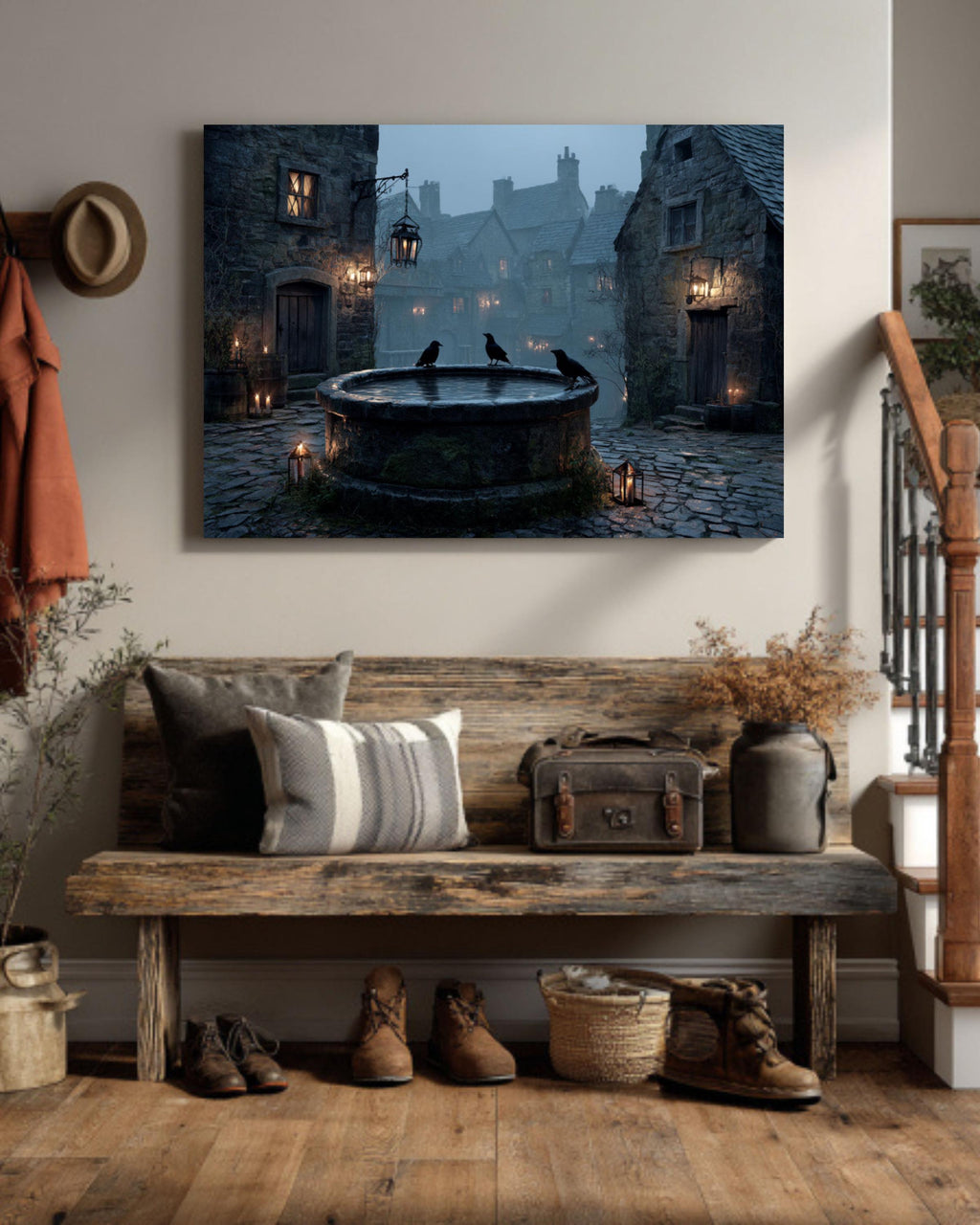 Foggy Night Medieval Well Art  Rustic Village Scene, Moonlight, Crows & Candles, Dark Stone Architecture Canvas/Framed