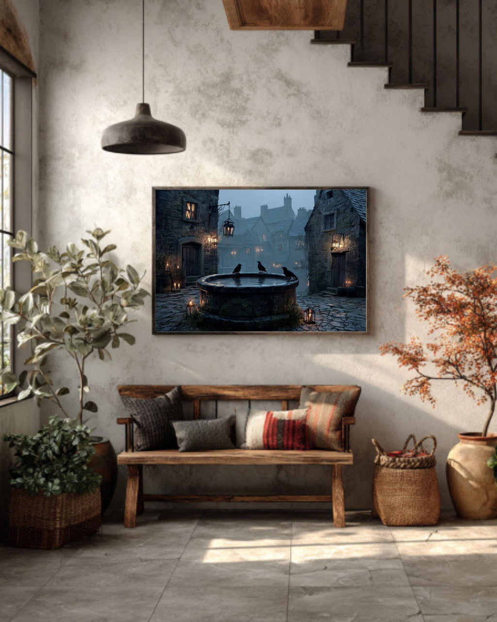 Foggy Night Medieval Well Art  Rustic Village Scene, Moonlight, Crows & Candles, Dark Stone Architecture Canvas/Framed