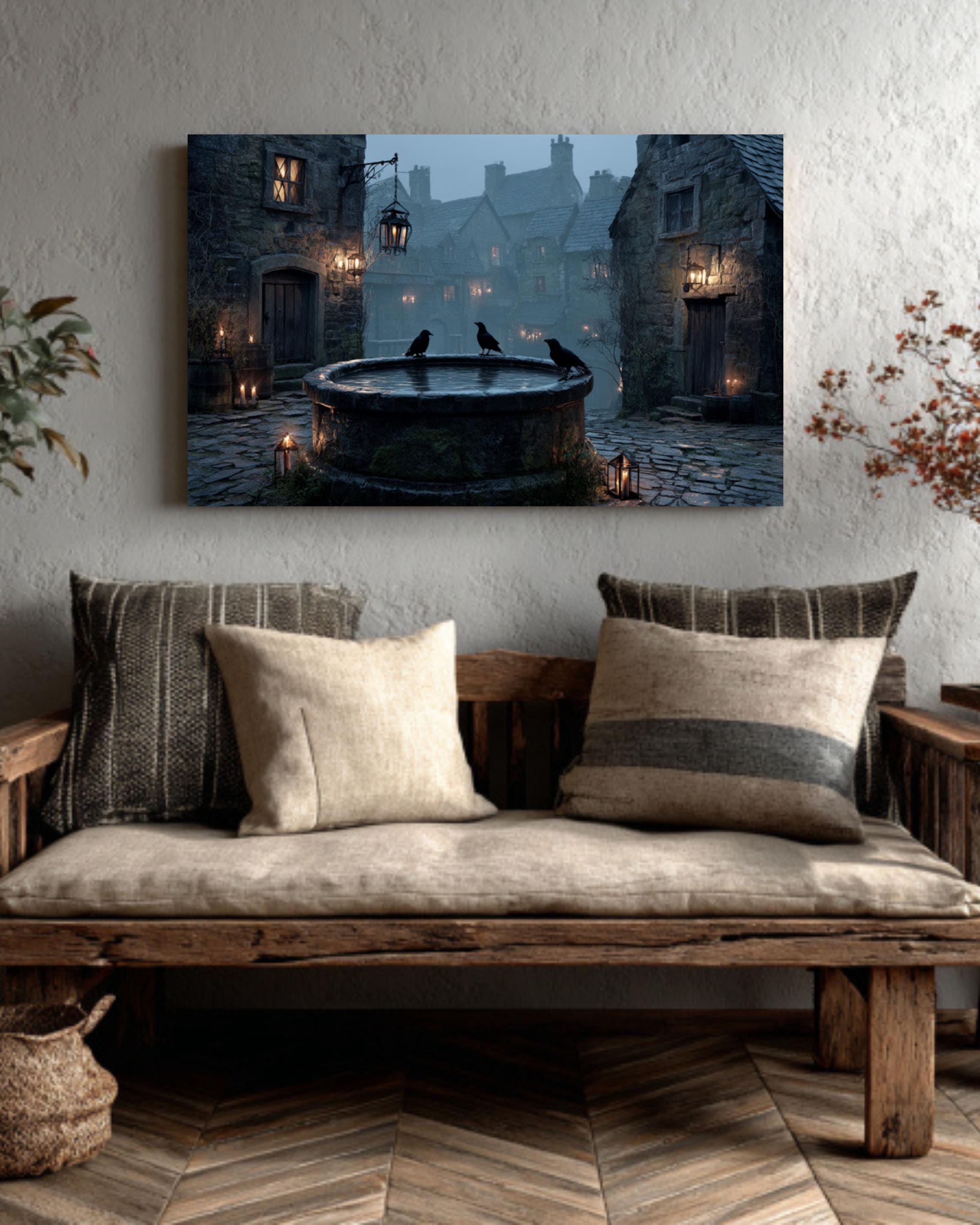 Foggy Night Medieval Well Art  Rustic Village Scene, Moonlight, Crows & Candles, Dark Stone Architecture Canvas/Framed