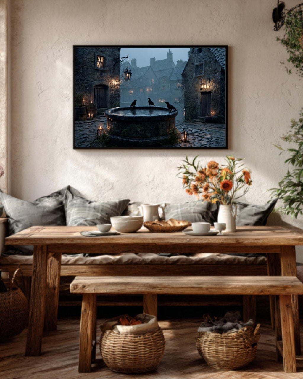 Foggy Night Medieval Well Art  Rustic Village Scene, Moonlight, Crows & Candles, Dark Stone Architecture Canvas/Framed