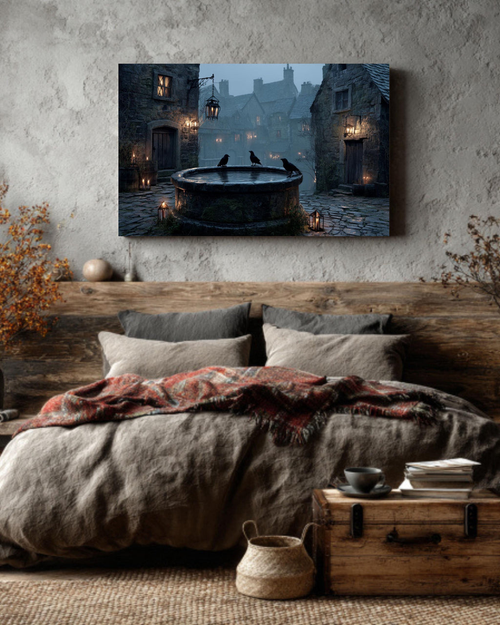Foggy Night Medieval Well Art  Rustic Village Scene, Moonlight, Crows & Candles, Dark Stone Architecture Canvas/Framed