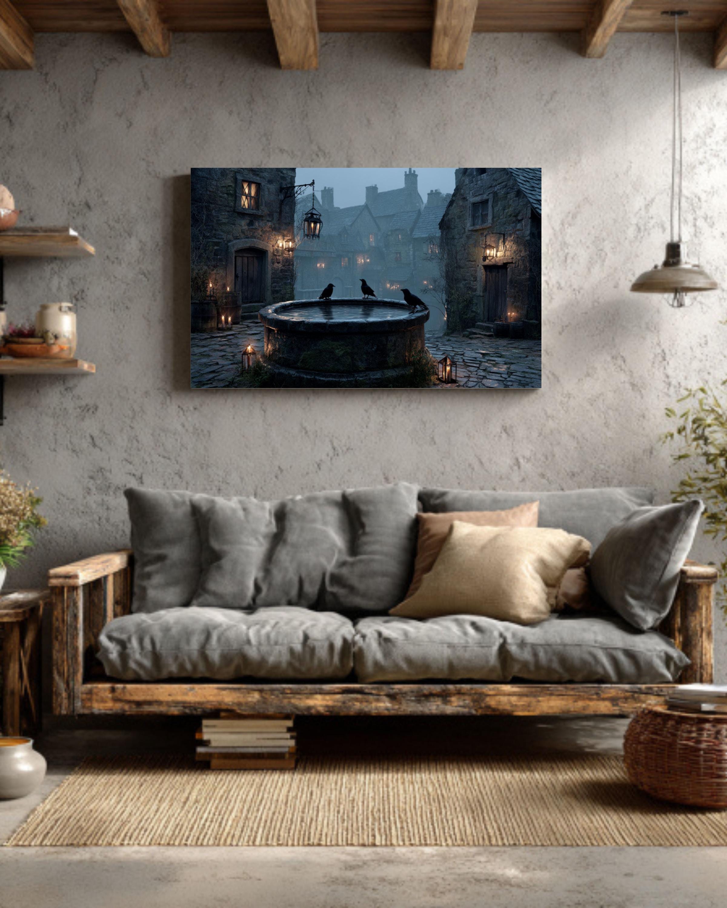 Foggy Night Medieval Well Art  Rustic Village Scene, Moonlight, Crows & Candles, Dark Stone Architecture Canvas/Framed