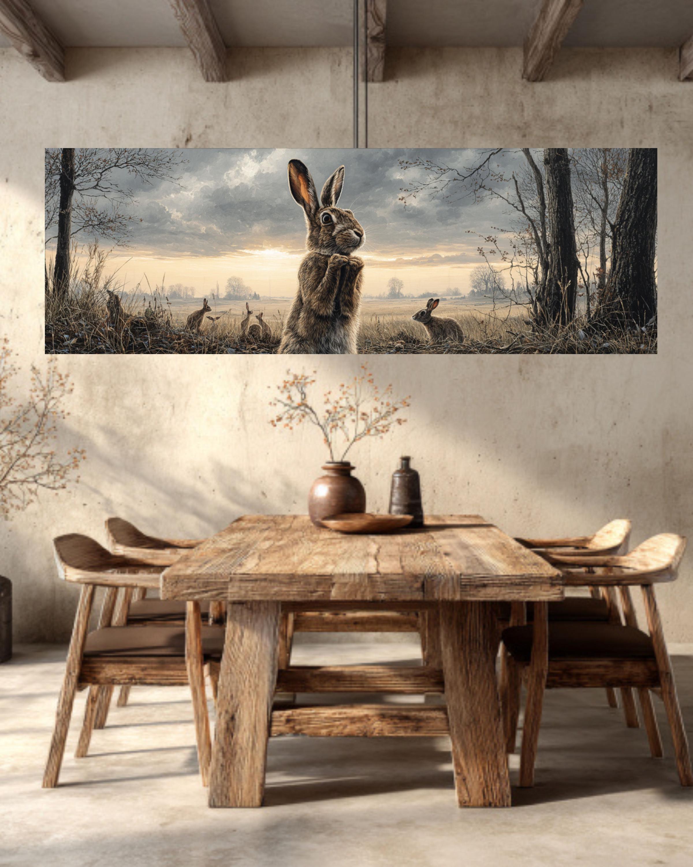 Curious Rabbit Family Wall Art  Detailed Oil Painting of Meadow, Trees & Wildlife, Rustic Countryside Canvas/Framed