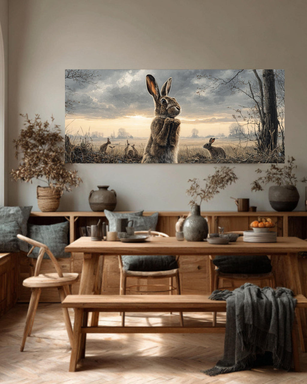 Curious Rabbit Family Wall Art  Detailed Oil Painting of Meadow, Trees & Wildlife, Rustic Countryside Canvas/Framed